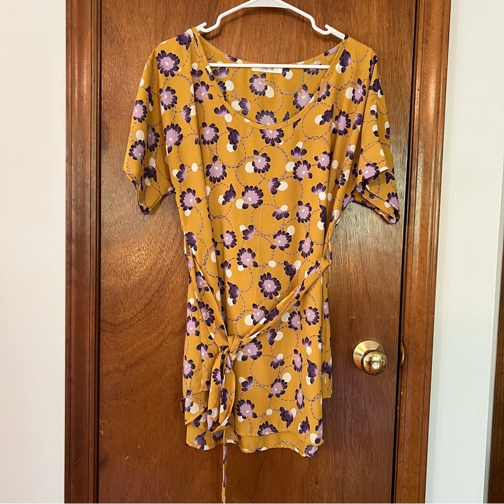 Jessy B Purple Floral Mustard Tie Tunic Top Size Medium NWOT